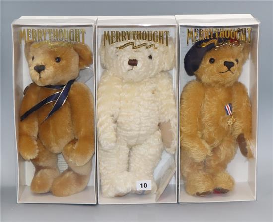Three Merrythought bears: Make-A-Wish Charity, British Legion bear and Coronation bear with growler, all boxed